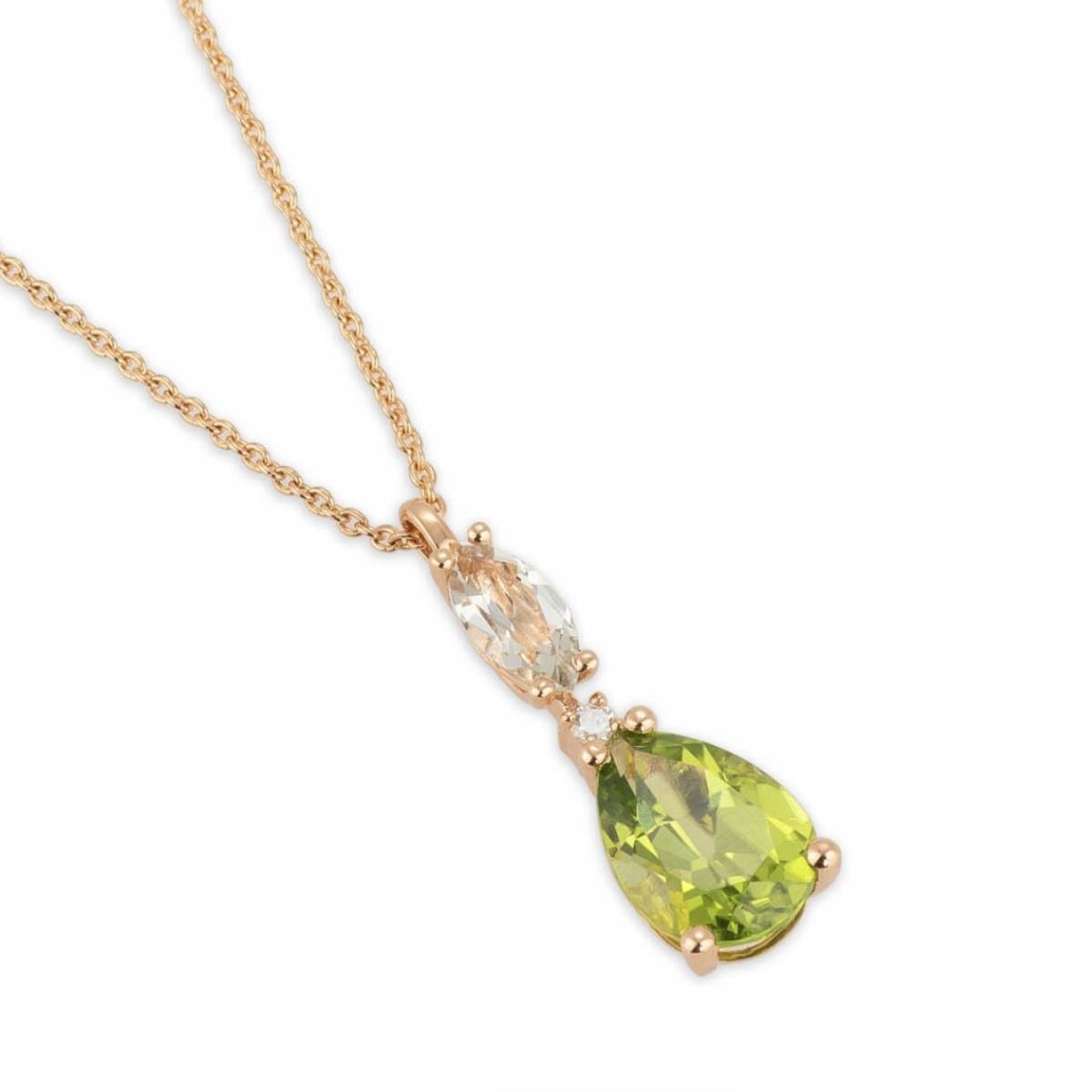 Collier en or rose 18 carats pendentif avec améthiste verte, diamant et péridot